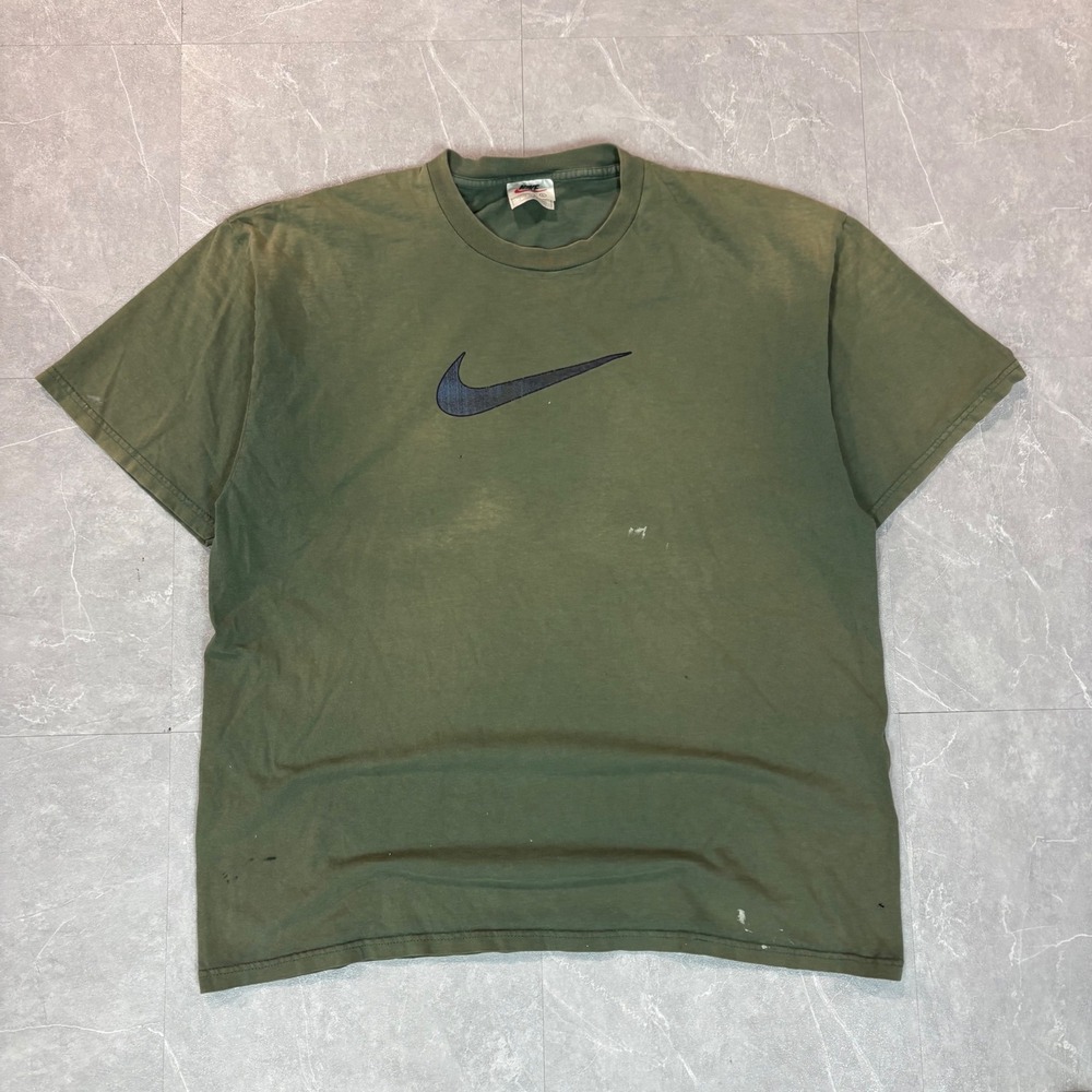 Vintage Nike Center Swoosh‎ T-Shirt Olive Green Faded Distressed Mens Large